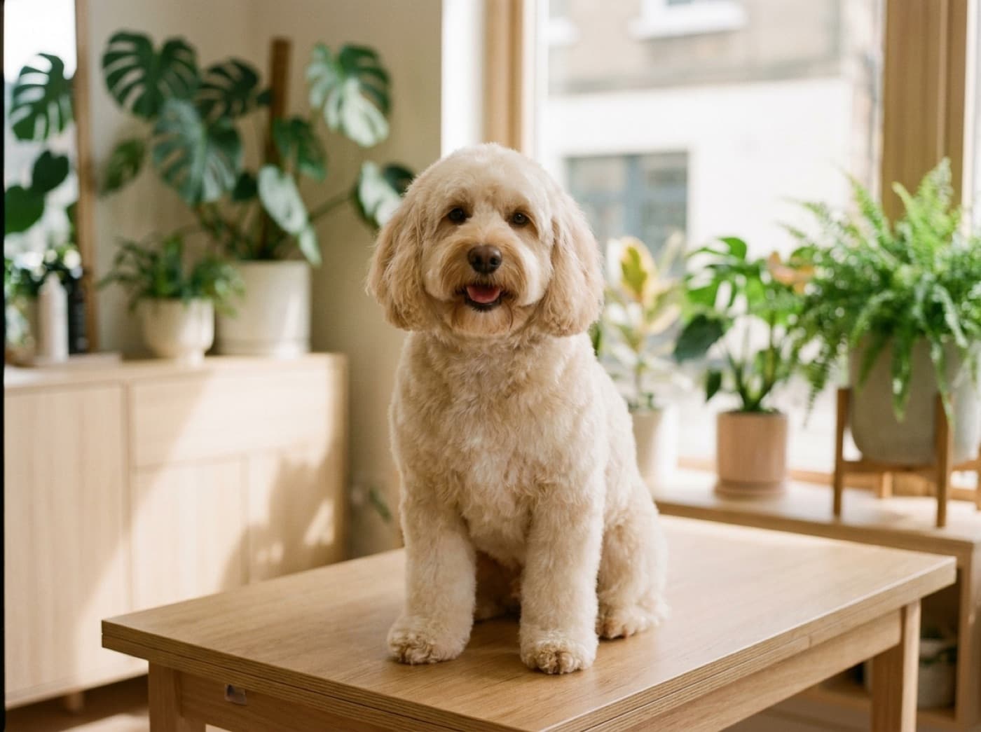A freshly groomed cream cockapoo sitting on the grooming table in the salon, coat scissored soft and even