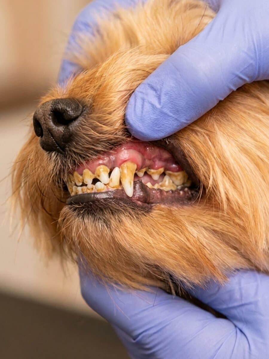 Before cleaning: A small golden-tan dog's teeth, heavy tartar cleared to clean white enamel