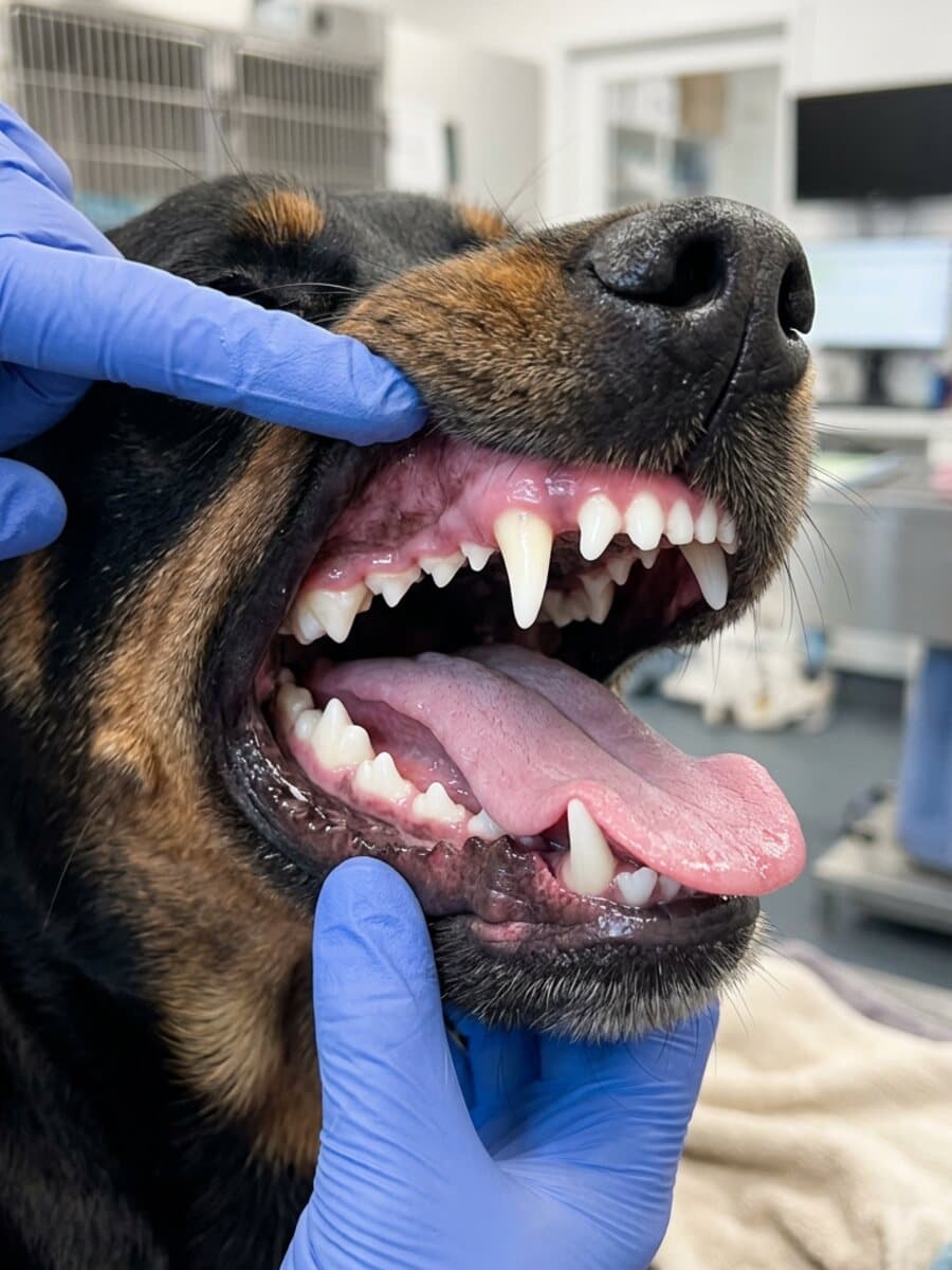 After cleaning: A black and tan dog's teeth cleaned back to white with healthy pink gums